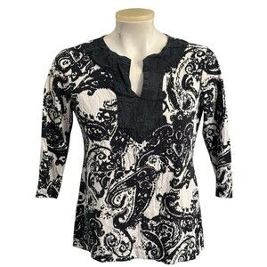 Ralph Lauren LRL Women's S 3/4 Sleeve Split Neck Cotton Top Black White Paisley